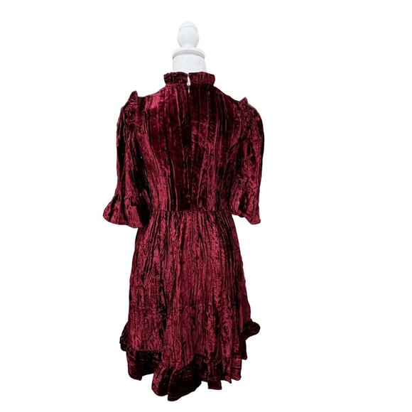 Batsheva Ruffled Plissé Cotton-Velvet Mini Dress 2 Red NEW - Picture 5 of 8